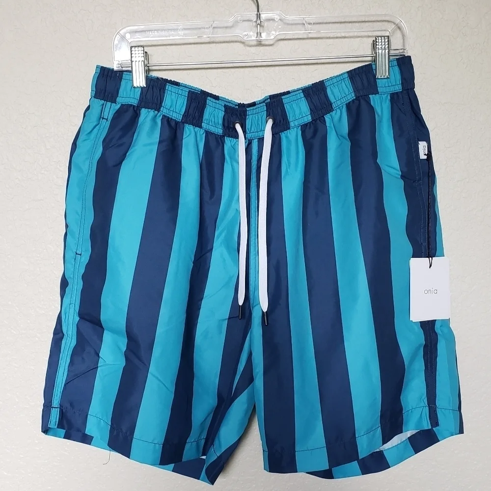Onia Charles Stripe Print Swim Trunks Teal NWT Men's